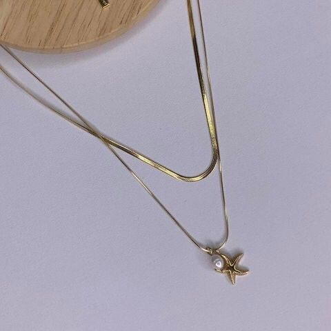 Kopen | Natural Pearl Starfish Gold Plated Layer Snake Chain Necklace Waterproof