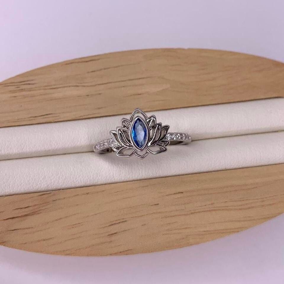 Silver Plated Lotus Flower Blue Crystal Ring Size 7.25 | O Whimsical Fairy