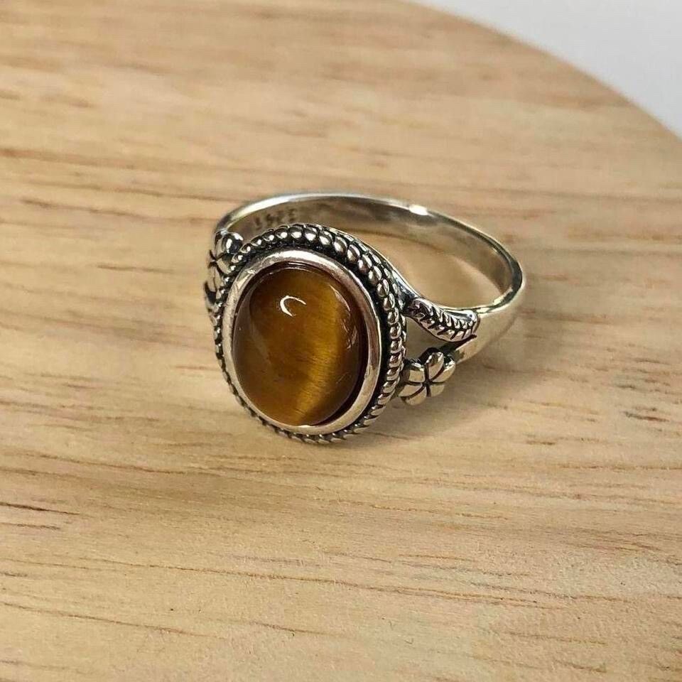 Silver Plated Bohemian Tiger's Eye Ring Gypsy Whimsygoth Size 8 / P 1/2