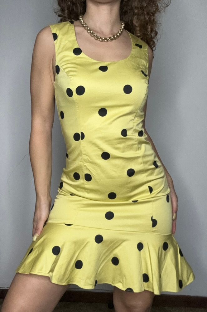 MOSCHINO DRESS Size 12 AU Vintage Yellow Polka Dot Knee-Hi Fitted.