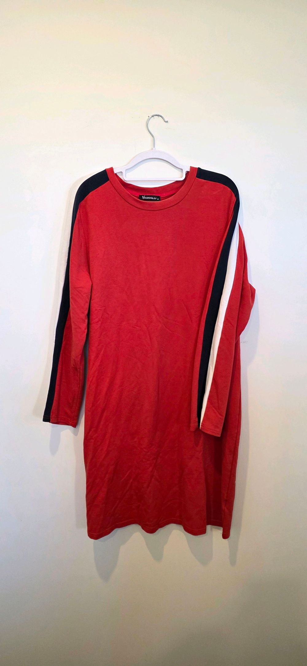 Red dress with navy & white detailed sleeves