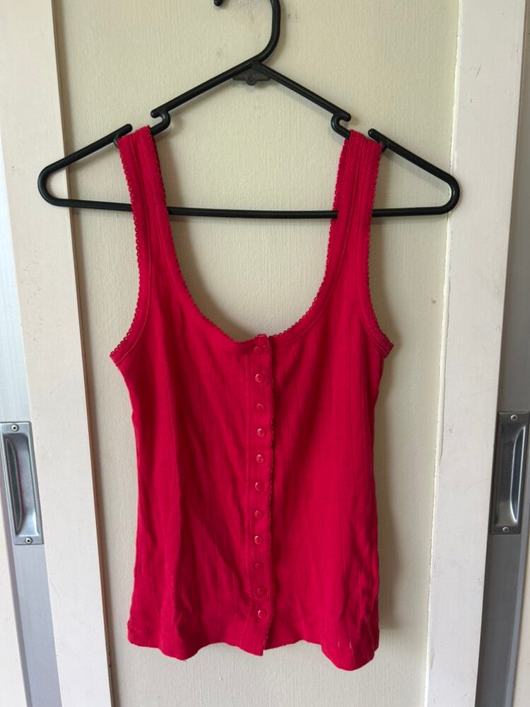 Red Ribbed Button-Front Tank Top