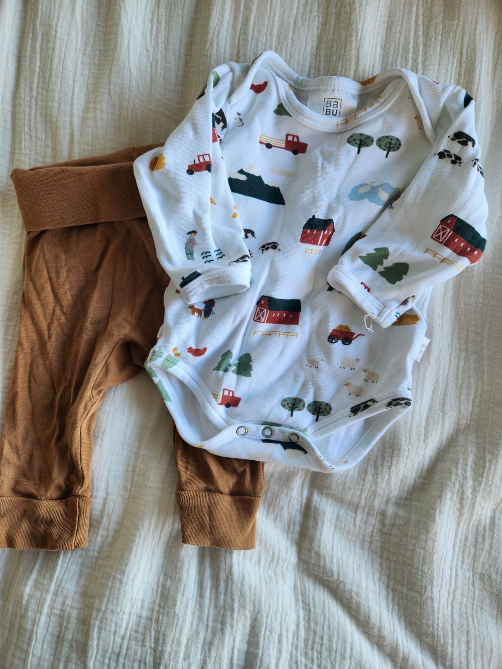 Babu Farm Romper + H+M Tan leggings