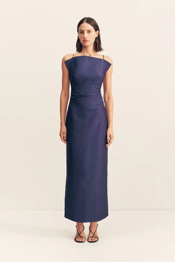 shona joy navy bridesmaid dress Shona Joy - La Lune Ruched Halter Maxi Dress - Midnight