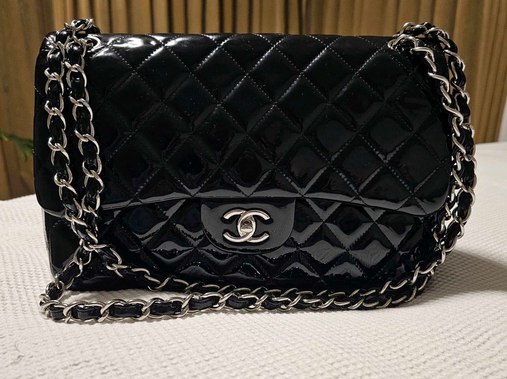 Patent black Chanel double flap jumbo