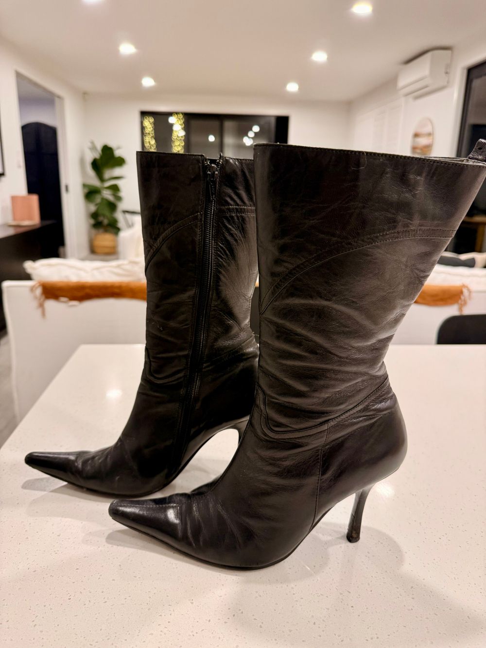 Sachi “Moore” Black Leather Pointed-Toe Mid-Calf Boots – Size 6