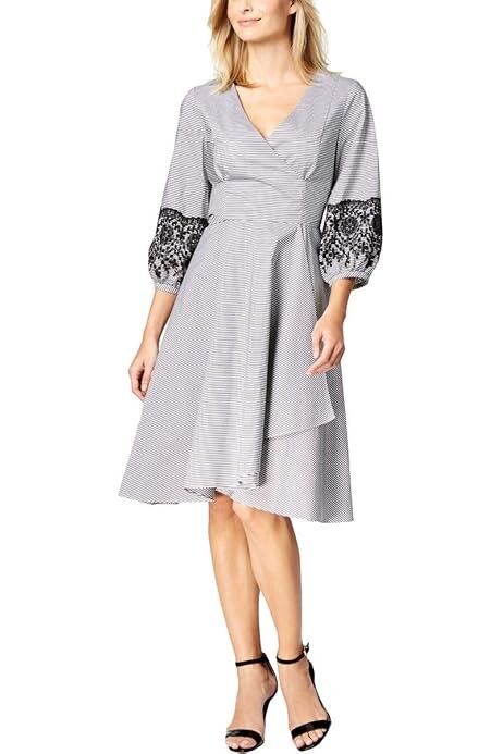 Calvin Klein Fit & Flare Wrap Dress with Lace Detail - Black & White Micro Print Size: USA 02 | NZ 06