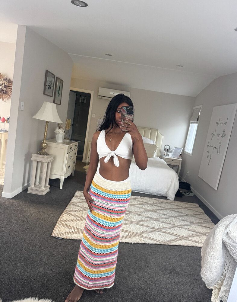 Zara Crochet Multi Coloured Skirt + Pebble White Bikini Set Size 8
