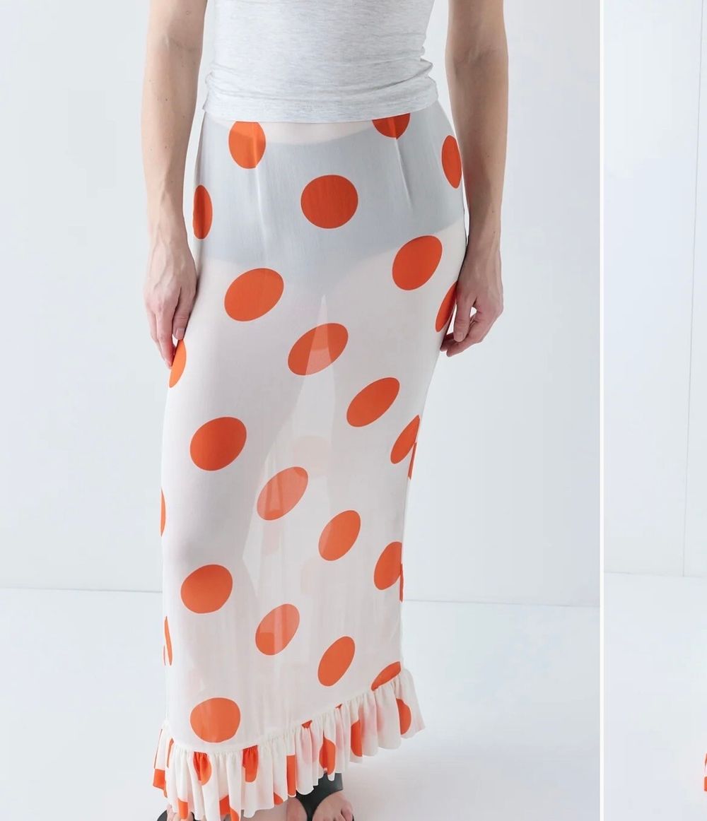 Delilah Sheer maxi White and Orange Polka Dot Print Skirt