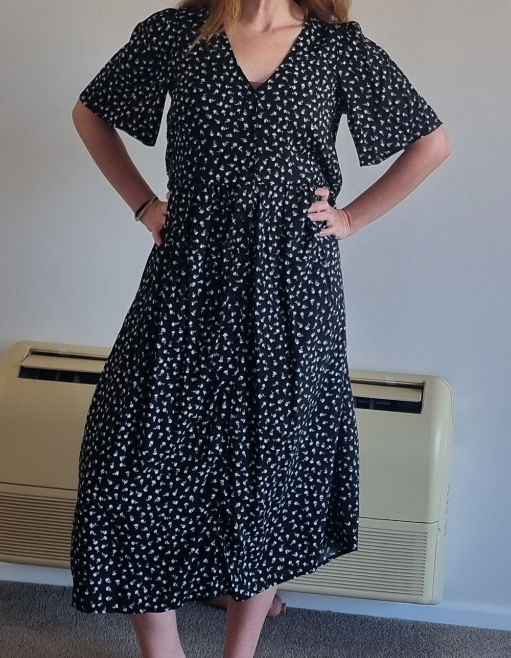 Monki Black Floral Midi Dress Size S