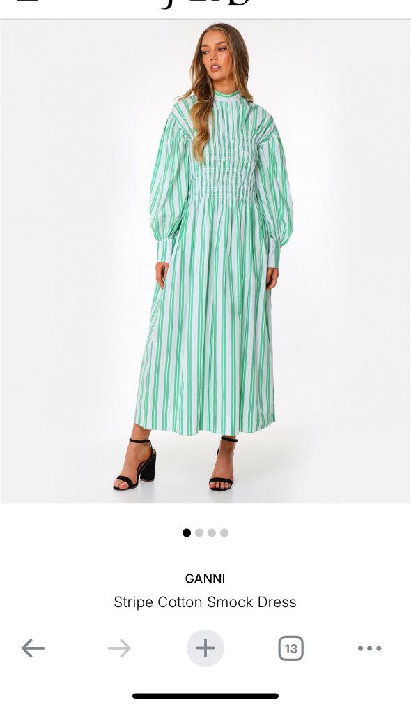 Ganni - Green Stripe Shirred Ganni Dress on Designer Wardrobe