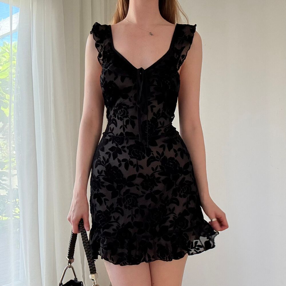 Lioness - Black Velvet Rose Sheer Ruffle Mini Dress on Designer Wardrobe Lioness - Black Velvet Rose Sheer Ruffle Mini Dress on Designer Wardrobe