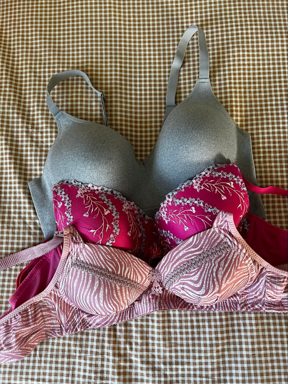 Grey, Pink and Zebra Print Bras