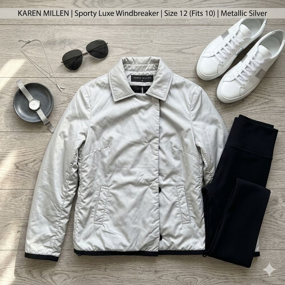 KAREN MILLEN Luxury Silver Metallic Windbreaker | Size 12 (Fits 10) | EUC