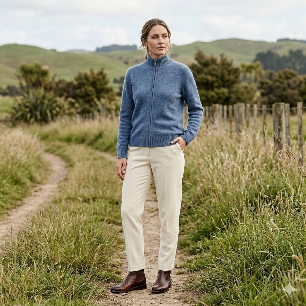 NZ Made Possum Merino Zip Cardigan | Denim Blue | Size 10-12