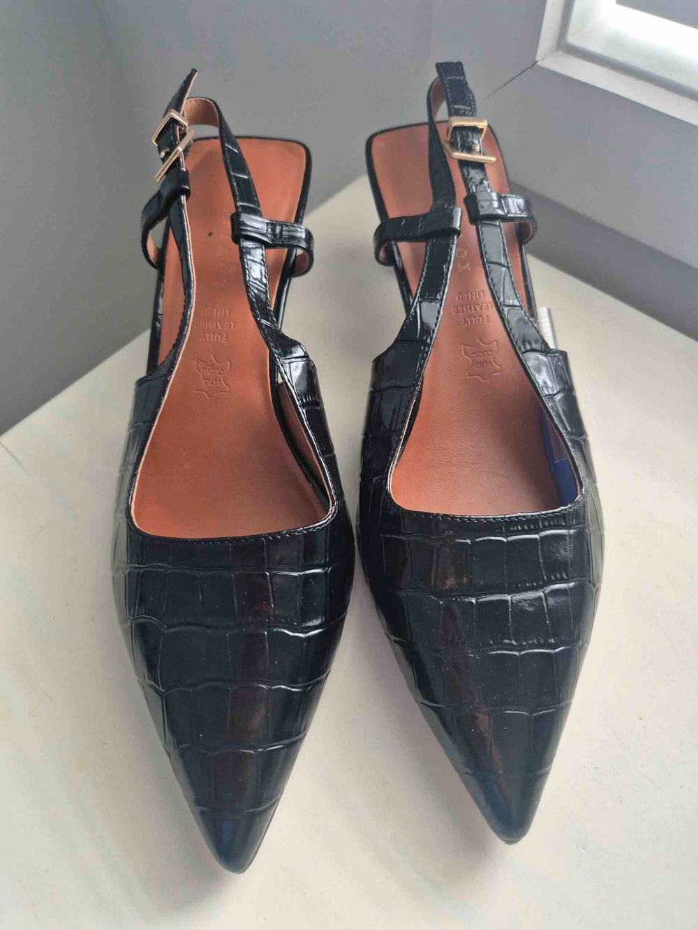 Black Croc-Embossed Slingback Heels
