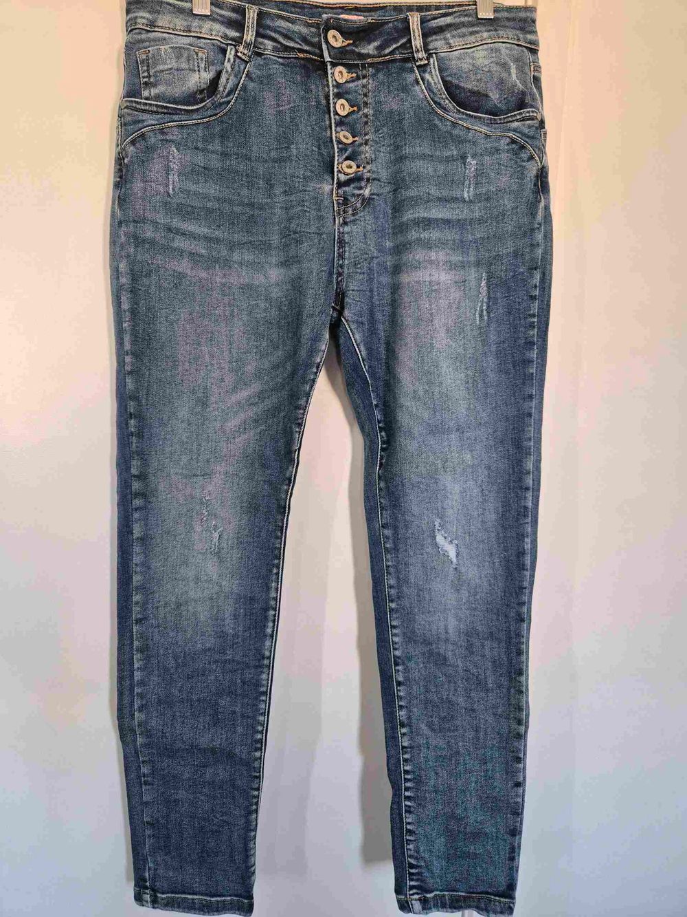 Blue Distressed Button Fly Jeans