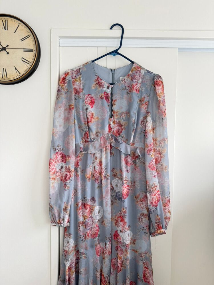 knee length dresses for ladies Forever New Black Long Sleeve Floral Layered Ruffle Midi Dress Ladies   Vinnies Online