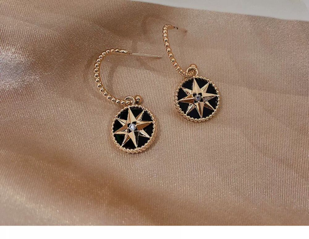 Sleek Black Onyx & Rose Gold Compass Earrings