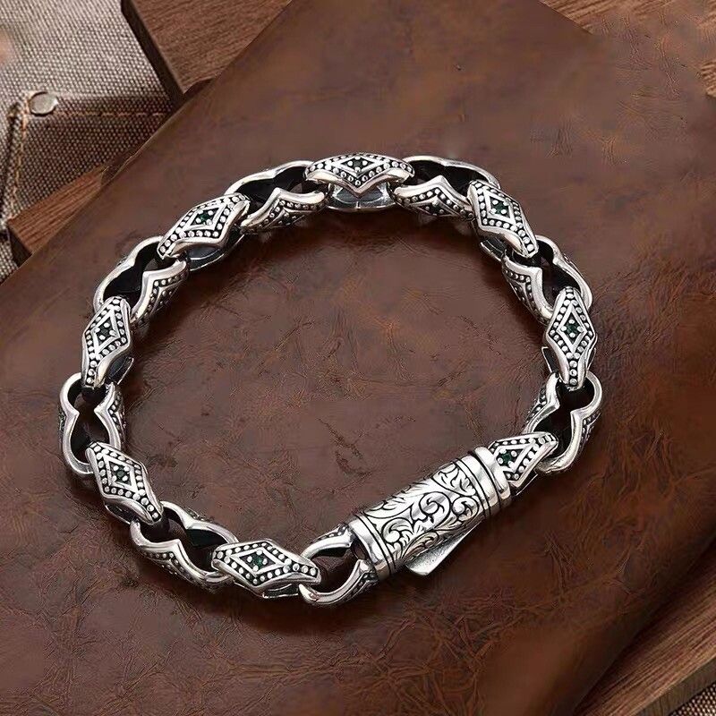 Vintage Rhombus Green Zircon Silver Bracelet