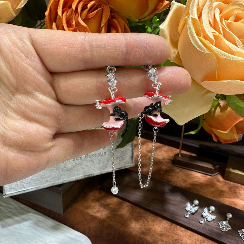 Red Apple & Black Cat Drop Earrings