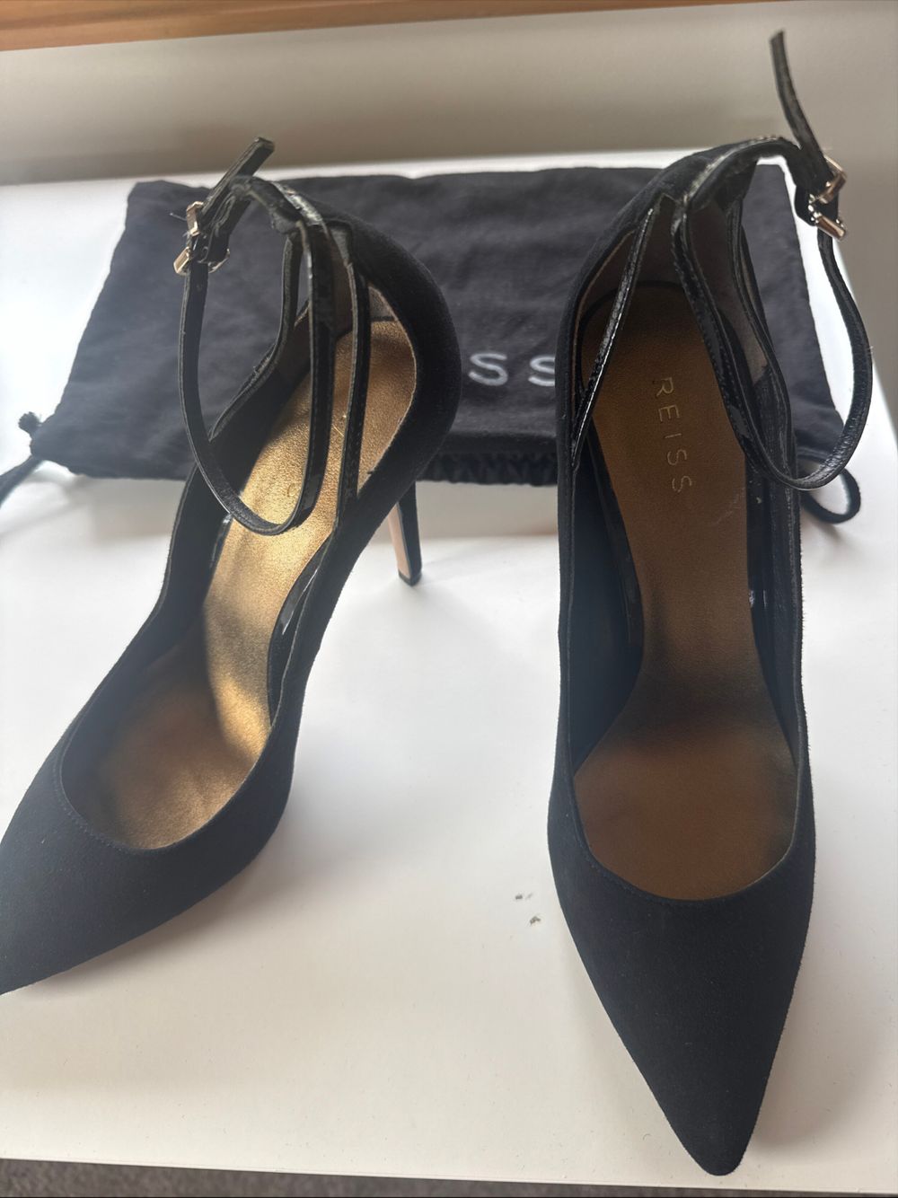 REISS Black Suede Ankle Strap High Heels 39