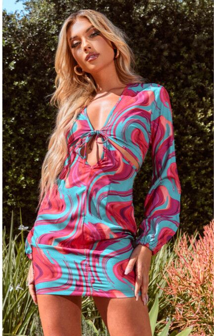 pink marble dress long sleeve PromGirl Puff-Sleeve Blush Pink Unique Prom Dress Iridescent Blush / 0