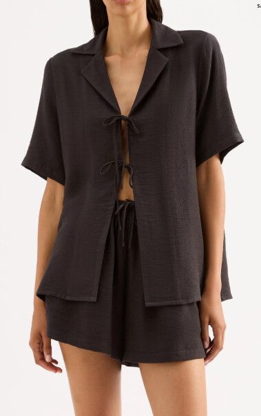 Nude Lucy Black Short Sleeve Tie Front Shirt