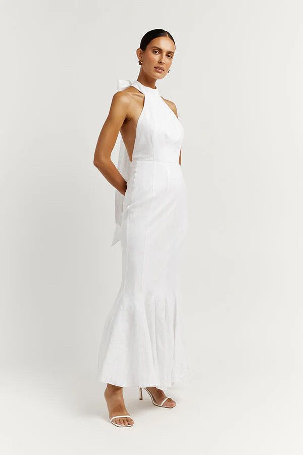 slim fit dress slacks Haylee Sleeveless Linen Cowl Midi Dress in White by Dissh