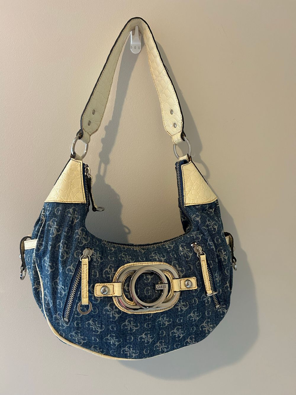 GUESS Blue Denim Monogram Shoulder Bag