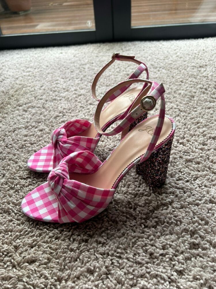 J.Crew Pink Gingham Glitter Heel Sandals NWOB