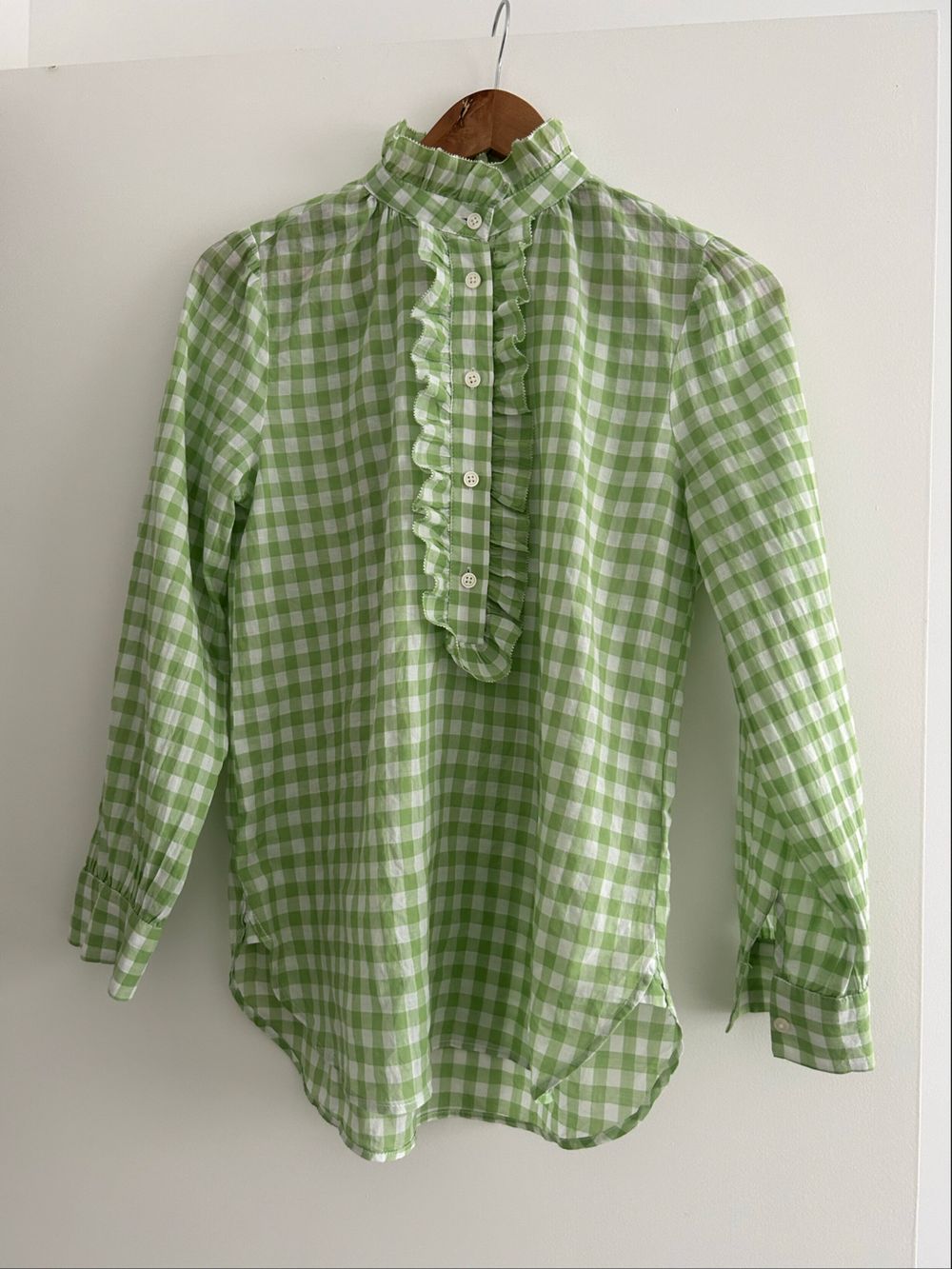 J. Crew Green Gingham Ruffle Popover Shirt XS
