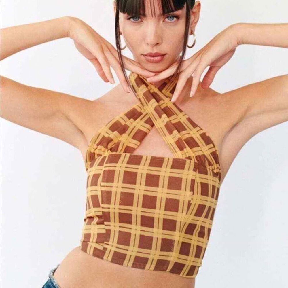 With Jean Brown Plaid Halter Top Size XS