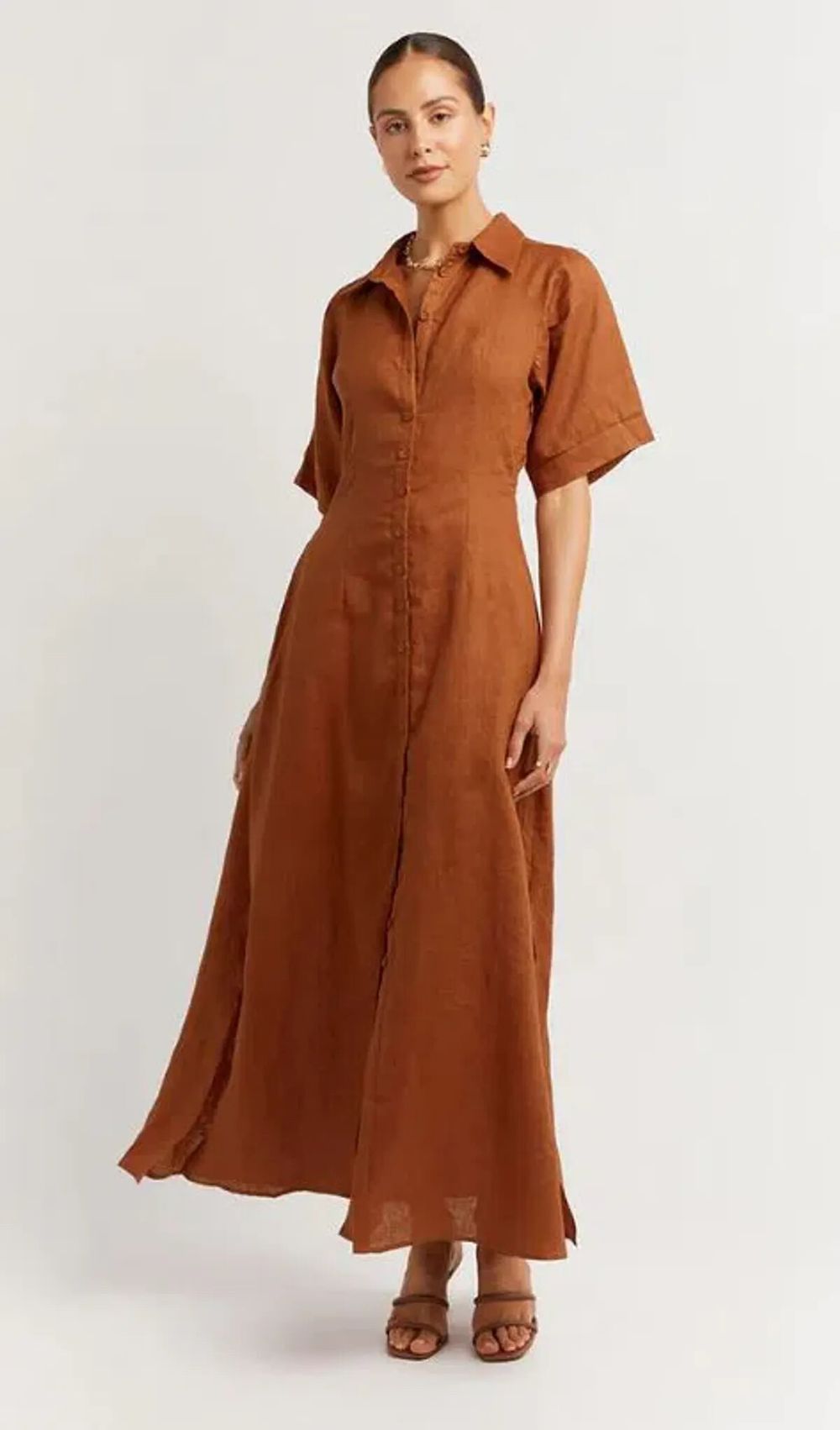 DISSH DARBY LINEN SHIRT MIDI DRESS SPICE SIZE 6