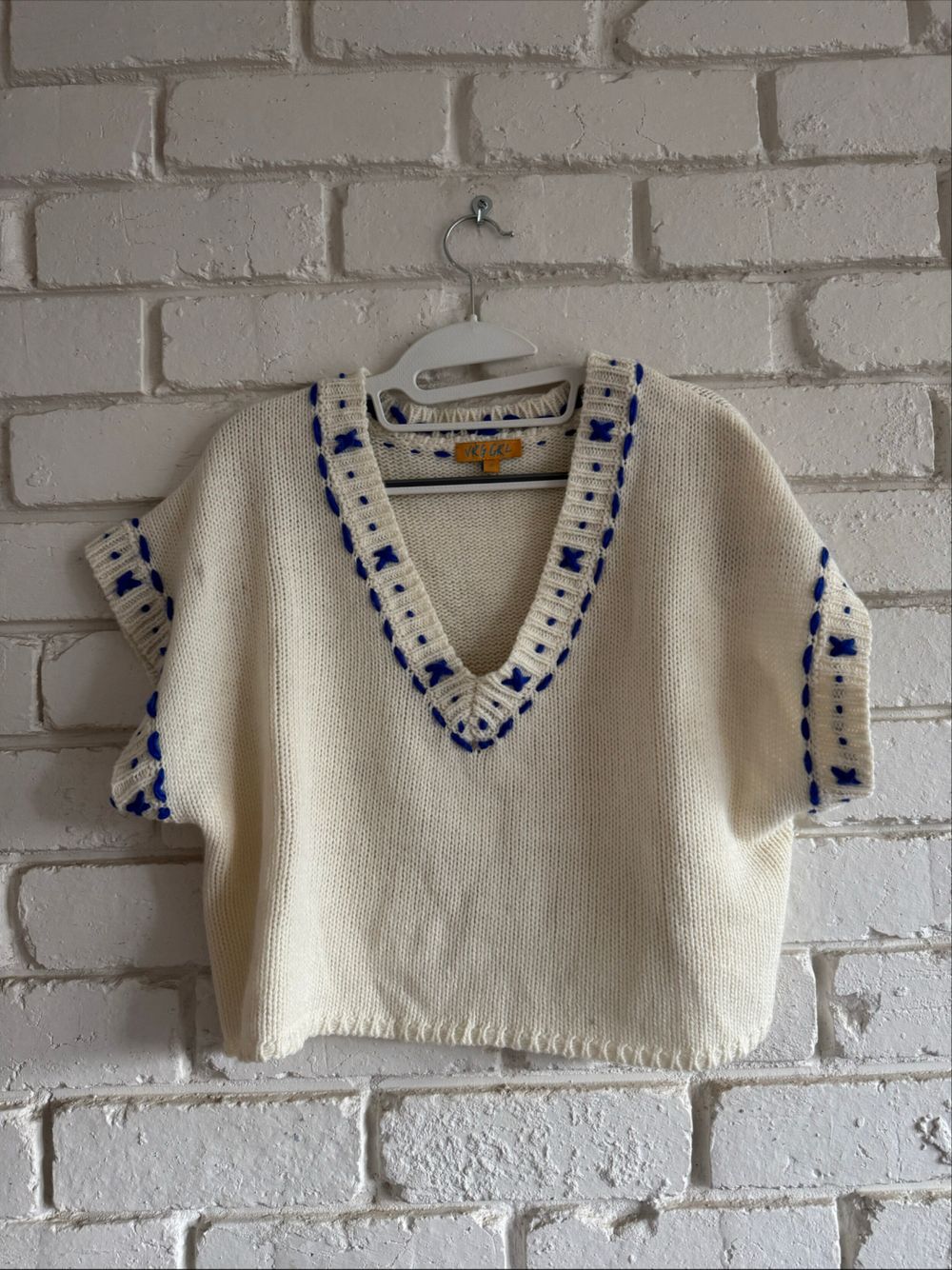 Vrg Grl Cream Knit Top With Blue Embroidery