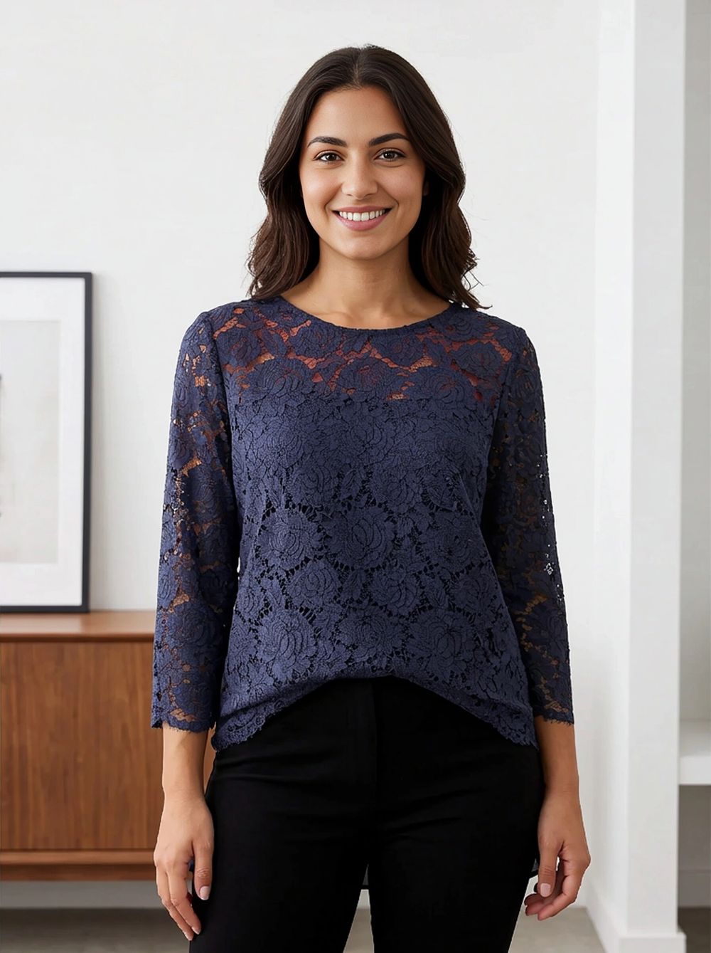 Witchery Navy Blue Lace Top with snap closures at back