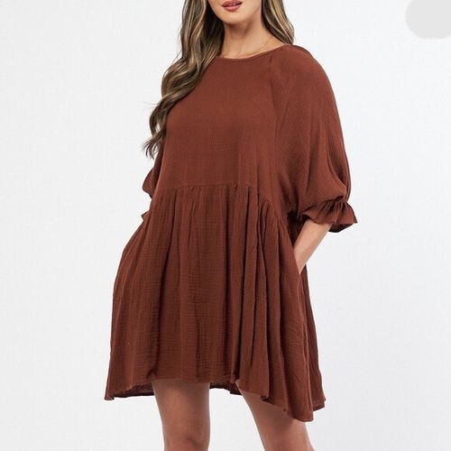 EBBY & I Cotton Cheesecloth Chocolate Brown Puff Sleeve Smock Mini Dress NWT