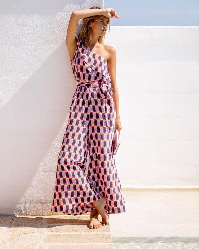 MISTER ZIMI Gloria Rivera Geometric Print One Shoulder Wide Leg Jumpsuit