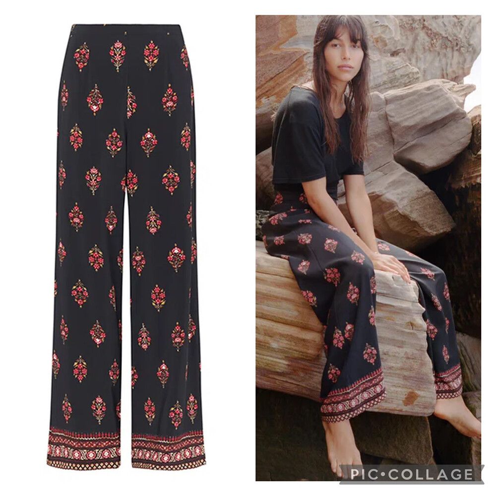 TIGERLILY Julienne Silk Black Red High Waisted Wide Leg Pants