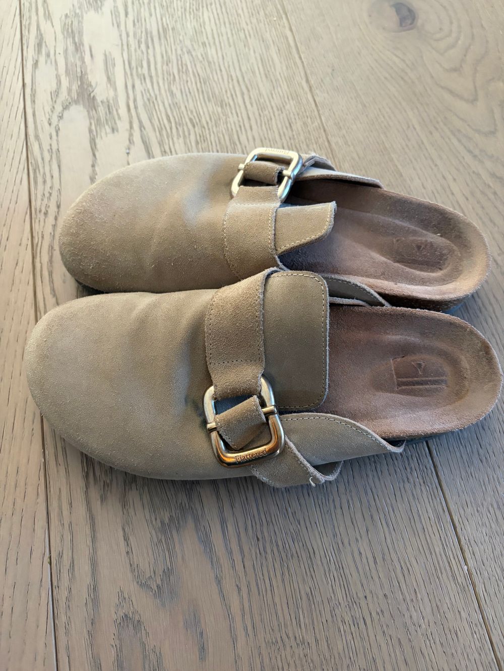Flattered Beige Suede Buckle Mules