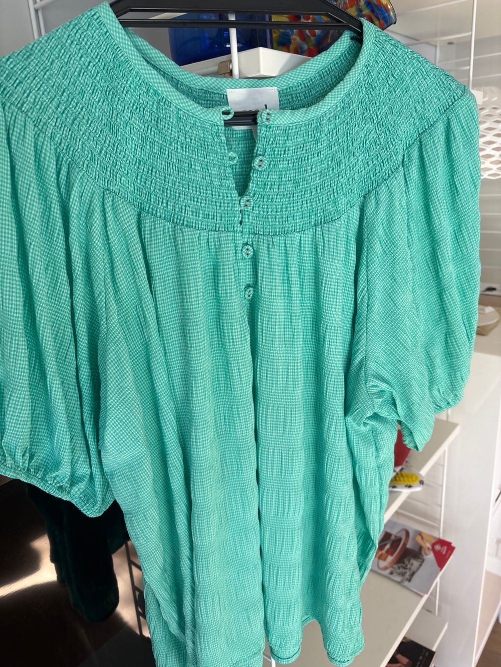 Green Gingham Smocked Blouse, Seed, size 14