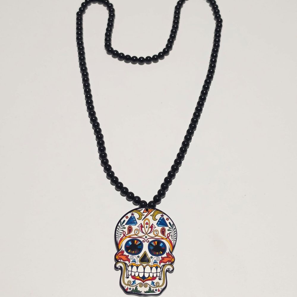 Black & Multi Colour Sugar Skull Pendant Necklace .
