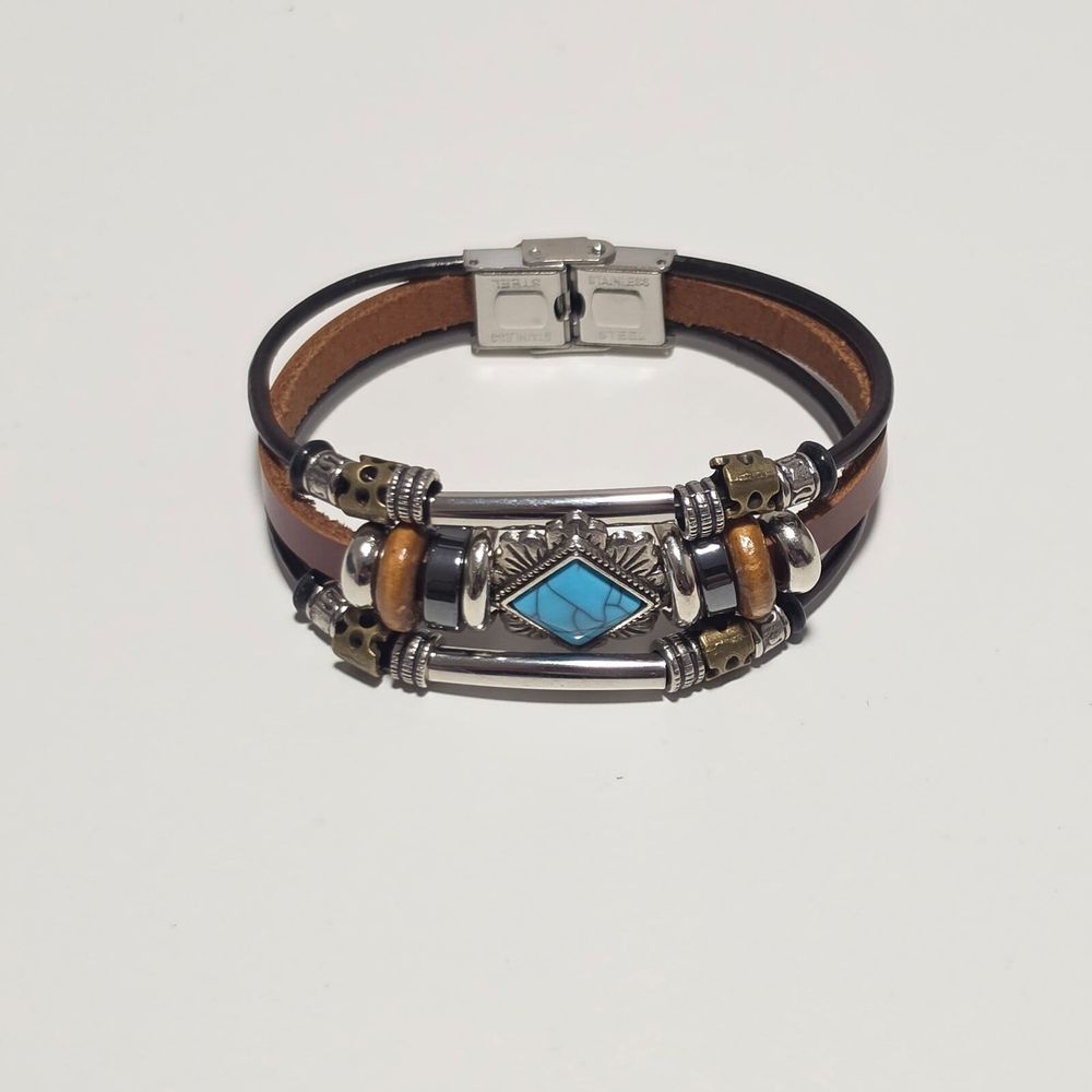 Leather & Metal faux Turquoise look bead Bracelet Brown & Black