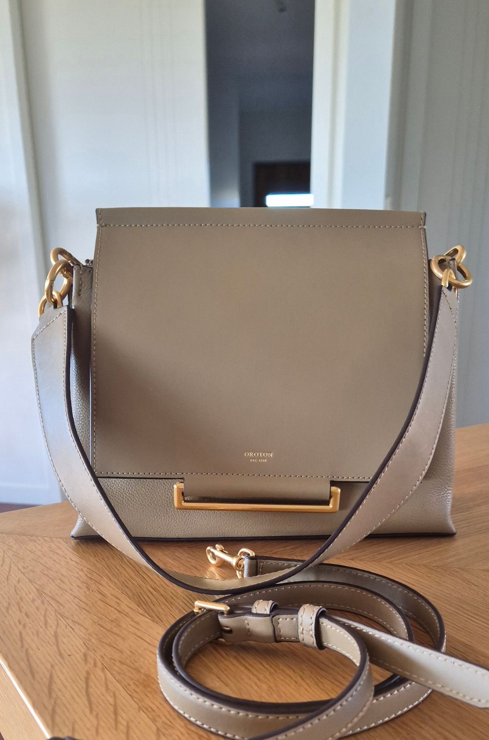 Oroton Elm Medium Satchel Bag Mushroom Leather Satchel