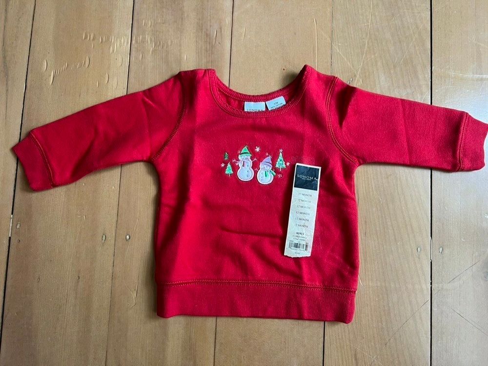 Red Christmas sweatshirt (size: 12 months) - snowmen