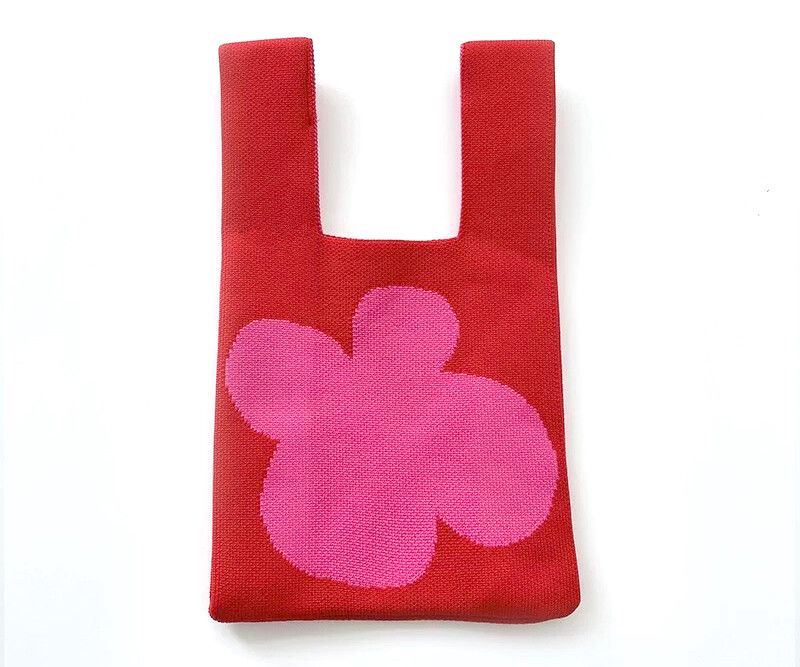 Brand New Super Cute Red / Pink Floral Knit Shoulder Bag With Strap