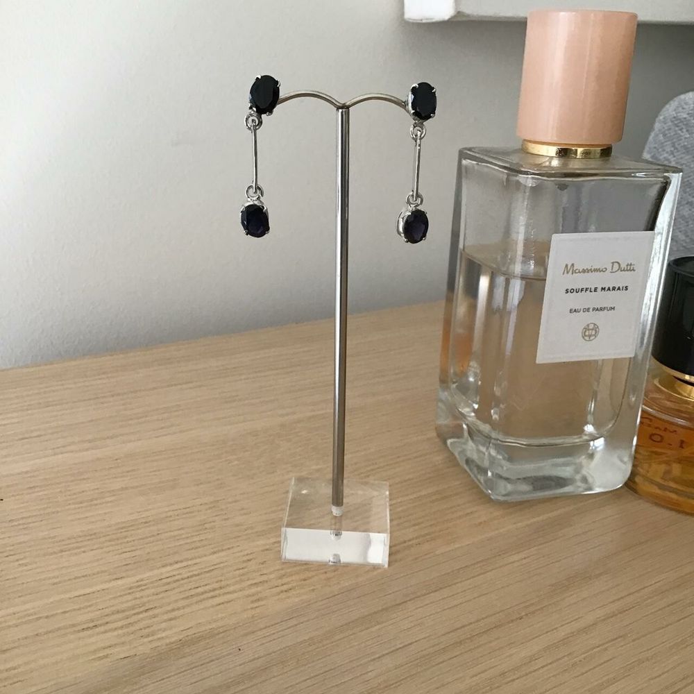Rhodium silver sapphire drop earrings/Brand New
