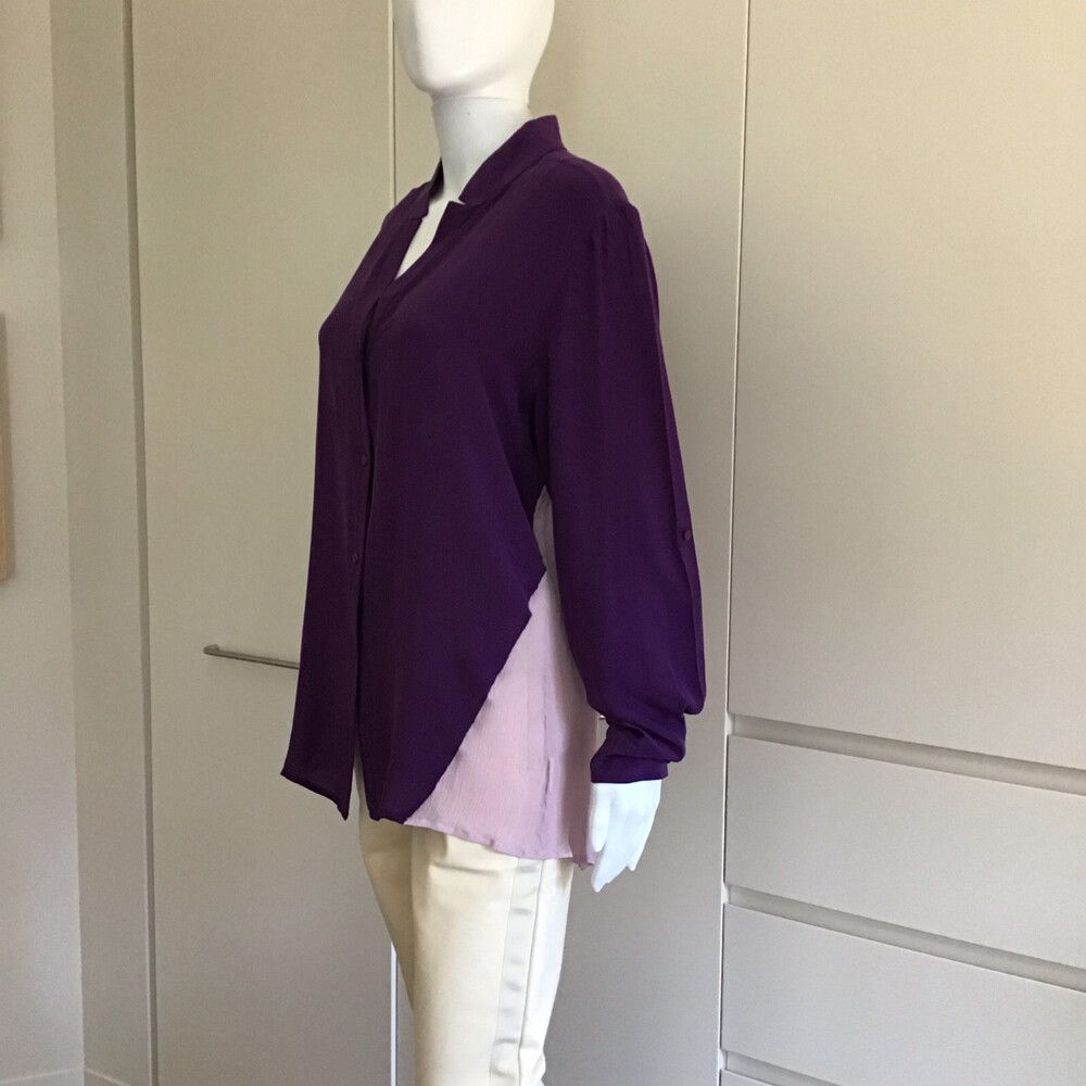 BEBE Purple & Mauve Two-Tone Silk Shirt /Size L -Fits XS-L/Split Back/Embossed Buttons