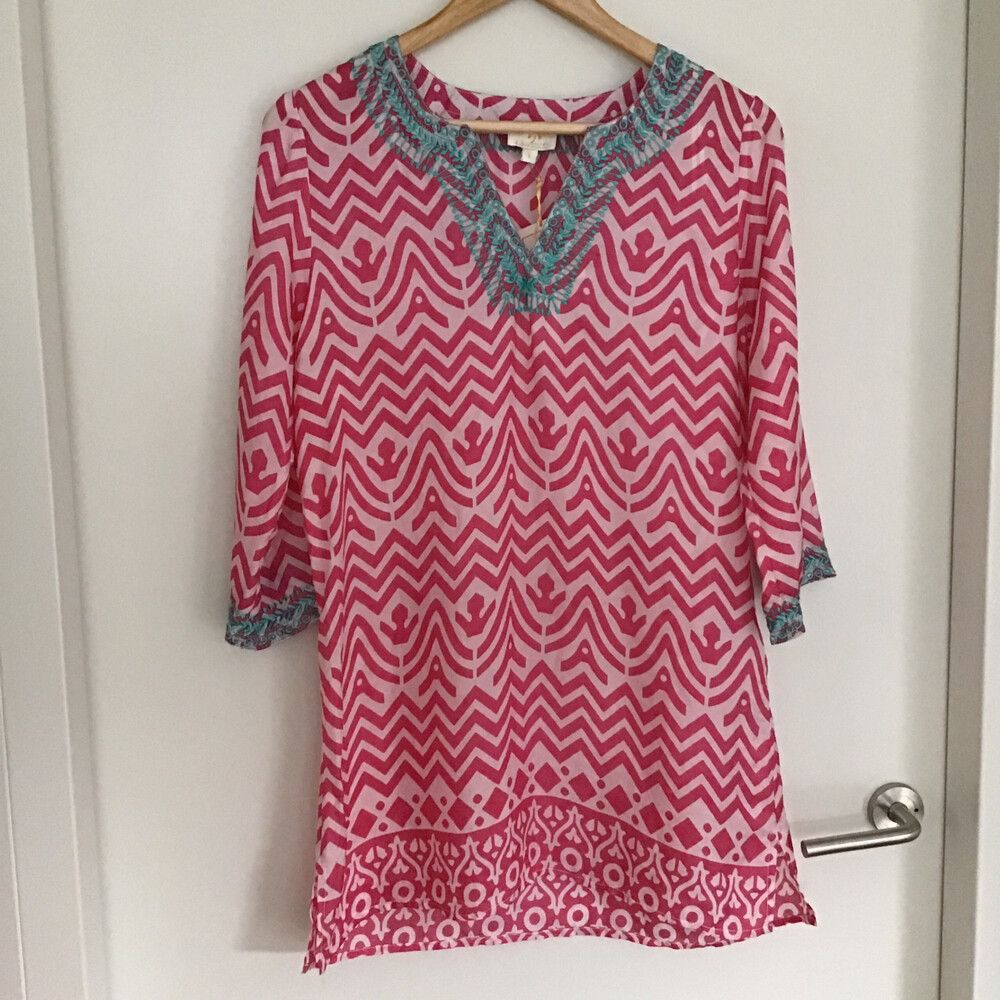 Blink Beach Pink & Turquoise 100% Leightweight Silk 3/4 Sleeve Top/Size S /BNWT/Free Shipping in AU & NZ