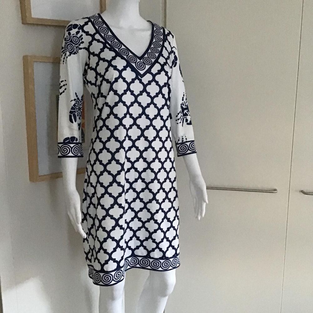Gretchen Scott Navy White Arabesque Retro Style Dress Women's Size XS 2/3 Sleeve